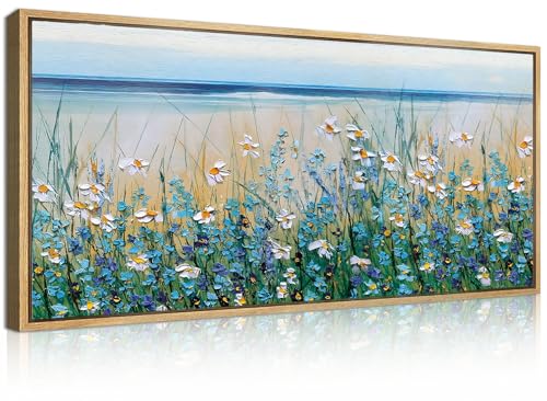 Large Blue Seaside Cyan Floral Wall Painting wildflower Blossom Art Framed Artwork for Living Room Bedroom 20x40 Inch - color: Blue Wildflower, size: 24"L x 16"W