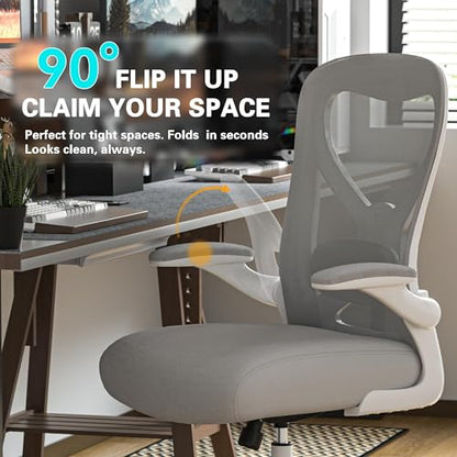 Ergonomic Home Office Chair, 4-Way Lumbar, Thick Cushion, 330LBS | Adjustable Lumbar (up/down/in/out), Rocking Mesh Back, Flip-up Arms, Easy Assembly, Ideal for home offices & small workspaces - color: Gray+champagne