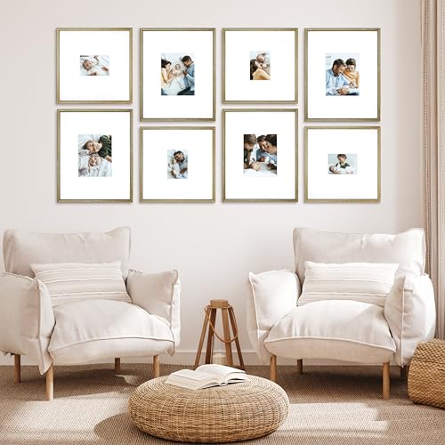 Arcadia Gallery Wall Frame Set, 16x20 and 16x16 Inch Matted Frames, 8 Piece, Brass - color: Brass