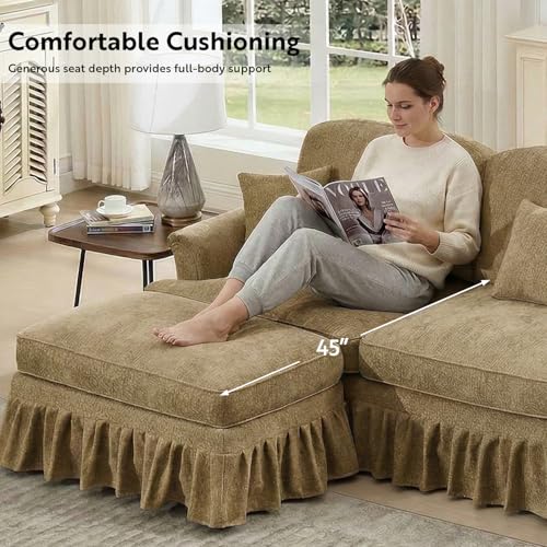 Modular Sectional Sofa Couch, Comfy Chenille Sofa with Removable Ruffled Skirt, Flared Armrests, Sturdy Legs, Convertible Sectional for Living Room, Bedroom, Apartment (Coffee) - color: Coffee, size: 107.1 Inch L