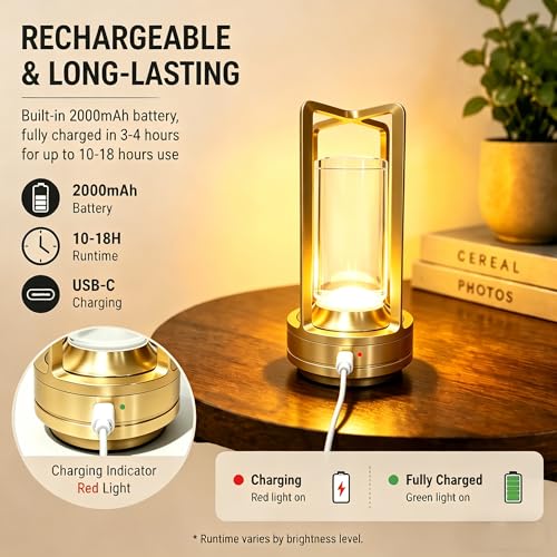Rechargeable Crystal Table Lamp, 3-Color Touch LED, Gold | Gold metal crystal lantern, 3-color touch dimming, USB-C rechargeable, compact 7.1 in accent light for patio table - style: golden-1