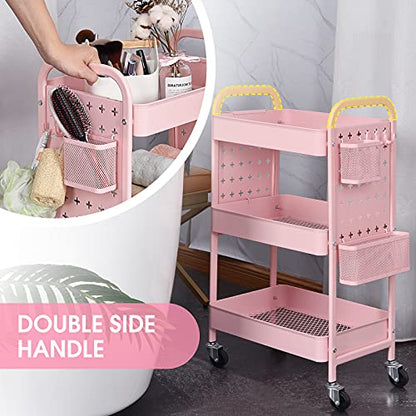 TOOLF 3-Tier Rolling Cart, Metal Utility Storage Cart with DIY Pegboards, Art Craft Trolley with Baskets Hooks, Organizer Serving Cart Easy Assemble for Office, Home, Kitchen, Classroom (Pink) - color: Pink