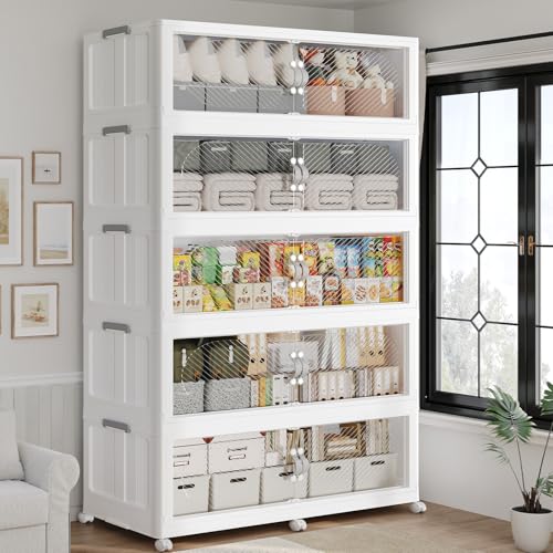 300GAL Plastic Storage Bins with Lid, 1200QT Extra Large Stackable Closet Organizers and Storage, Collapsible Storage Boxes with Wheels, Folding Cabinet for Home Kitchen Office, 5Pack White - color: White, size: 60Gal-5Pack