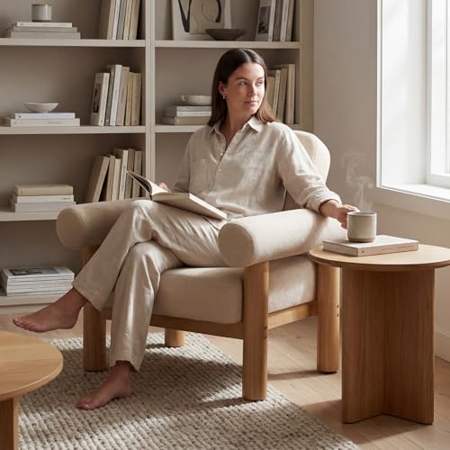 HNY 1-Pack Mid-Century Chenille Barrel Chair, Khaki | Comfy Round Upholstered Armchair, Solid Wood Frame With Open Back, Lounge Side Club Chair for Living Room, Bedroom, Office - color: Khaki, size: 1