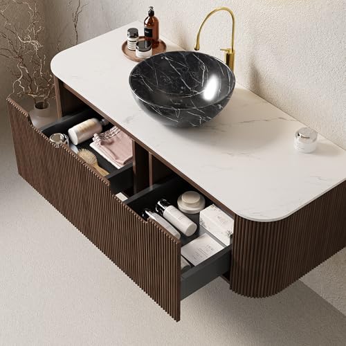 48” Floating Bathroom Vanity with Sink, Fluted Wall-Mounted Solid Wood Cabinet, Black Marble-Patterned Bowl Basin, Faux Marble Top, Soft-Close Drawer, Pre-Assembled, Walnut Woodgrain - color: 05 - Walnut Woodgrain, size: 48"