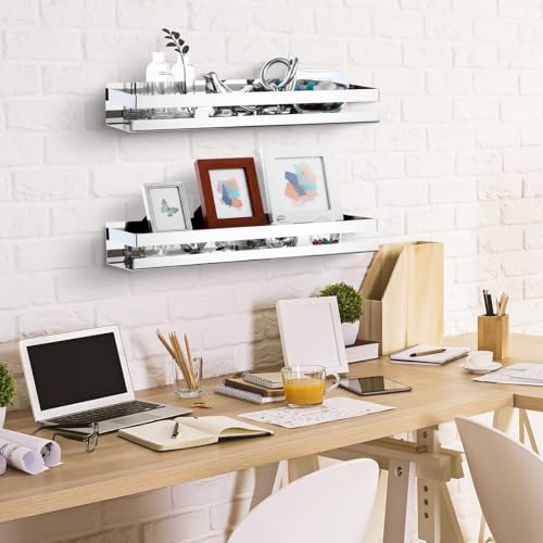 Lallisa 2 Pieces Stainless Steel Shelf Bathroom Shower Floating Shelves Wall Mounted Shower Caddy Basket Shelf Storage Organizer Shelves for Bathroom, Kitchen, Living Room (15.75 Inch/ 40 cm,Shiny) - color: Shiny, size: 15.75 Inch/ 40 cm