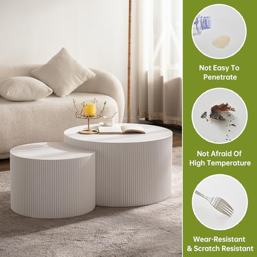 26 inch Round White Fluted Nesting Coffee Table Set of 2, B Large | Spray Painting Finish, For Living Room, Nested Crescent Side Table, Nestable Design, Mid-Century Modern, For Small Spaces - color: White a Large