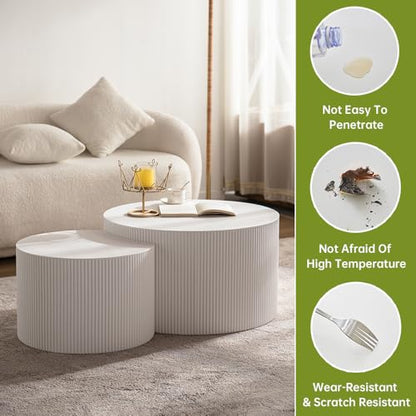26 inch Round White Fluted Nesting Coffee Table Set of 2, B Large | Spray Painting Finish, For Living Room, Nested Crescent Side Table, Nestable Design, Mid-Century Modern, For Small Spaces - color: White a Large