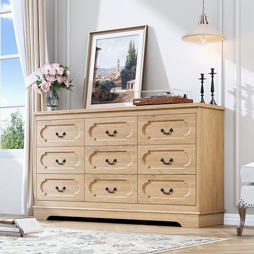 9 Drawer Dresser for Bedroom Natural Bedroom Dresser 59" Wide Wood Cabinet | Farmhouse Wood Chest of Drawers , Modern Rustic Drawers Dressers Wooden Closet and Storage Cabinet, Hallway, Living Room - color: Natural, size: 15.7"D x 59"W x 32.8"H (9 Drawers