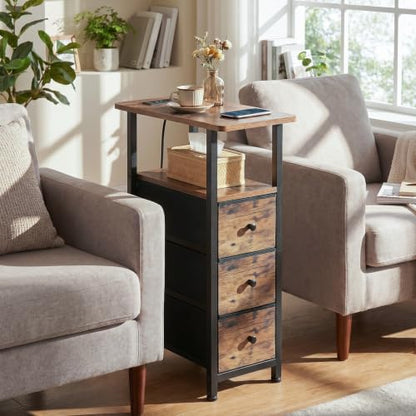 Narrow End Table with Charging Station, Small Nightstand | Skinny Side Tables Living Room with 3 Fabric Drawers, Slim Bedside Table for Bedroom, Small Spaces, Couch, Rustic Brown - color: Rustic Brown + Black, size: 27.55''H (3 Drawers), style: Power