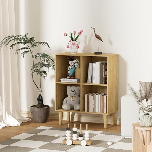 4 Cube Bookcase, Wooden Book Shelf Cube Storage Organizer with Legs, 2 Tier Bookshelf Freestanding Open Shelves for Living Room, Bedroom, Home Office (Oak, 4 Cube) - color: Oak, size: 4 Cube