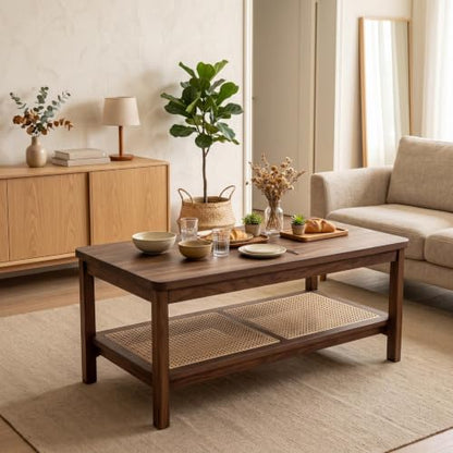 GAOMON 2-Tier Coffee Table for Living Room, Rectangular Center Table with Rattan Storage Shelf for Small Space, Easy Assembly, Walnut - color: Walnut