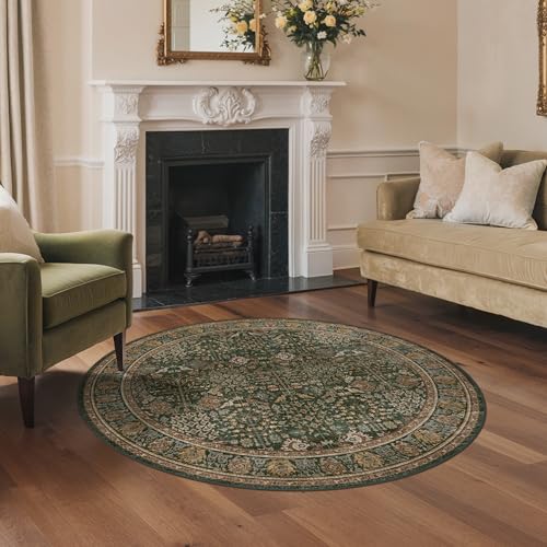 4ft Round Area Rug 4x4, Washable Non Slip, Dark Green Brown | Vintage Floral, Spill Resistant, Lightweight Low Pile Non-Shedding Carpet for Bedroom, Nursery and Kitchen - color: Dark Green Brown, size: 4' (Round)