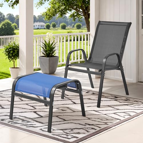 Outdoor Ottoman Set of 2, Oversized Outdoor Foot Rest, Blue | Stackable, All Weather Outdoor Foot Stool, Supportive Textliene, Metal Frame, Patio Garden Pool Furniture - color: Blue