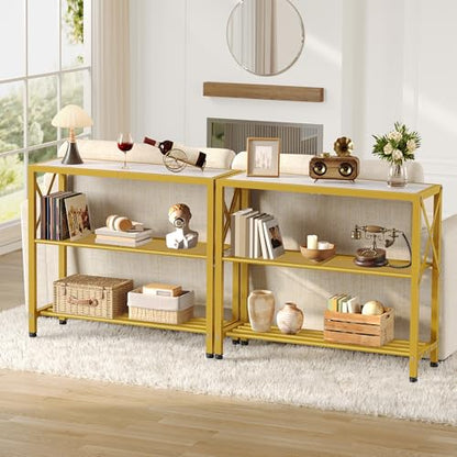 Hoctieon Industrial Console Table, 3 Tier Entryway Table, Metal Frame, Sofa Tables with Shelf, Hallway Desk, Entrance Tables for Entryway, Living Room, Foyer, Hallway, Gold and White - color: Gold&white, size: 1 Pack