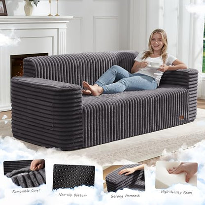 ZurNesfure Sofa Couch 3-Seater Boneless Sofa with Pillow Darkgrey,3-Seater | No Assembly Need, Modern Couch with deep seat and Washable Cover Cloud Sofa for Living Room Bedroom Apartment - color: Stripe Darkgrey, size: 3-seater