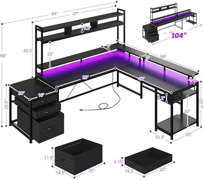 EnHomee 64x59 Inch Two Person L Shaped Gaming Desk with Shelf & LED Lights | 4-Layout with 4 AC+2 USB Charging Ports, Remote Lights for Gaming Room, Black - color: Black
