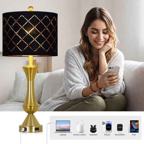 29" Gold Modern Table Lamps Set of 2, 3-Way Dimmable Touch Lamps for Nightstand with USB A+C & Outlets,Brass Lamps for Living Room, Bedroom, Nightstand, Entryway(2 Bulbs Included) - color: Gold-Black Lamp Shade-2Pack