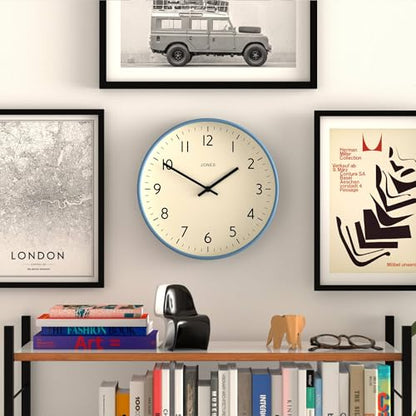 JONES CLOCKS® Studio Clock | Modern Round wall Clock | 12" | Mid Blue | Easy to Read Numbers | Versatile Design for Kitchen, Living Room or Office - color: Mid Blue