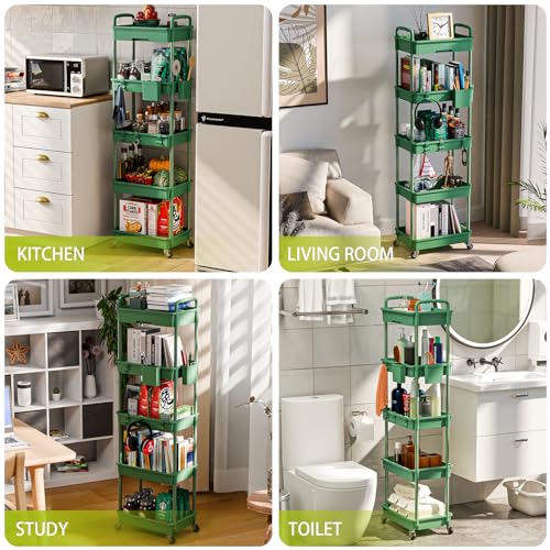Sorgion 5 Tier Rolling Cart Organizer,Bathroom Cart Organizers with Wheels Laundry Room Organization Mobile Shelving Unit Utility Cart Storage Shelves Multi-Functional for Office, Home(Green) - size: 5Tier-Green