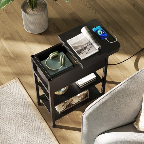 WLIVE 3-Tier End Table with Charging Station Flip Top Narrow Nightstand | 2 USB Ports+2 AC Outlets; Flip Top Hidden Storage; 2 Open Shelves; Small Space Living Room Bedroom; Sturdy Carbon Steel Frame - color: Black