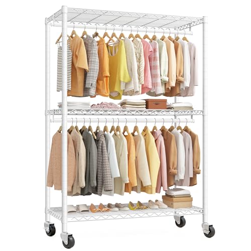 Raybee Heavy Duty Clothes Rack, 45" W Clothing Racks for Hanging Clothes, Clothing Rack with Wheels and Adjustable Feet, Max Load 440LBS, White - color: White