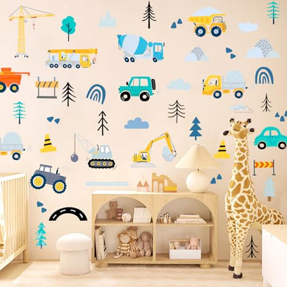 AOWDIAO Construction Vehicle Wall Decals – 90Pcs Reusable Peel and Stick Vinyl Stickers for Kids’ Room, Nursery & Playroom – Removable Truck Decoration for Boys & Toddlers - style: Construction Vehicle
