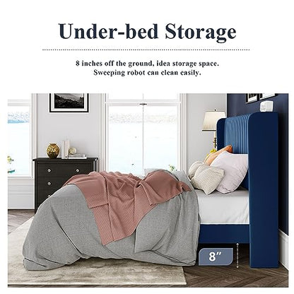 Allewie Queen Size Velvet Bed Frame/Vertical Channel Tufted Wingback Headboard/Upholstered Platform Bed/Strong Wooden Slats/No Box Spring Needed/Easy Assembly/Dark Blue - color: Blue, size: Queen