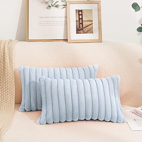 Uhomy Set of 2 Faux Fur Plush Decorative Throw Pillow Covers Fuzzy Striped Soft Pillowcase Cushion Covers for Living Room Sofa Couch Bedroom, 12x20 inch 30x50 Cm Lake Blue - color: Lake Blue, size: 20" x 12" (Pack of 2)