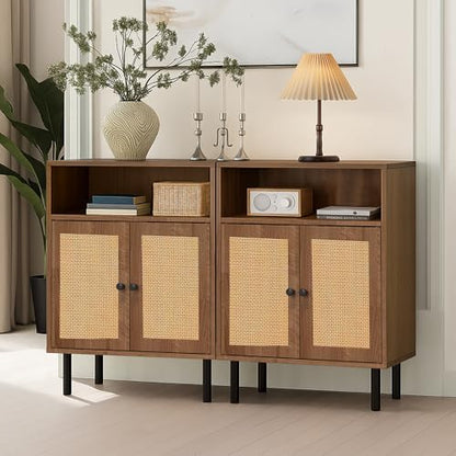 Rattan Storage Cabinet, Boho Accent Cabinet with Double Doors | Small Freestanding Sideboard for Hallway, Laundry Room,Kitchen, Dining Room, Entryway (Walnut) - color: Walnut