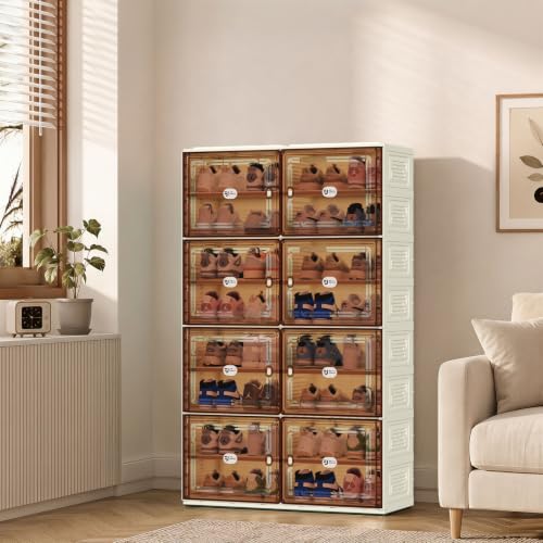 White Shoe Rack Organizer for 32 Pairs of Folding Design | Tool-free Assembly, Magnetic Clear Door, Anti-Tiping, Sneaker Storage, adjustable shelf, Folding Design, Garage, Entryway - size: 8Tier
