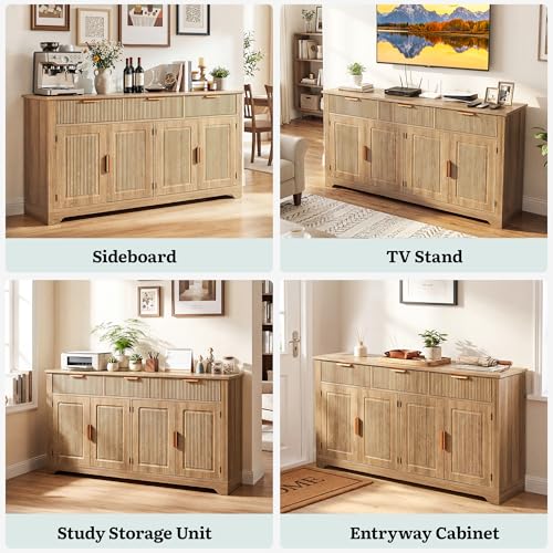 YITAHOME 59" Buffet Cabinet Fluted Sideboard Coffee Bar Natural Oak | Kitchen Storage Cabinet Adjustable Shelves & Drawers, Mid Century Modern Credenza for Kitchen, Living Room