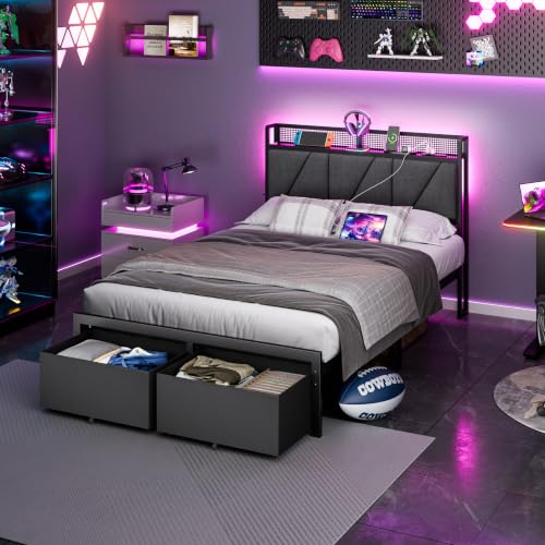 Full Size Bed Frame with 2 Storage Drawers & Upholstered Headboard | Metal Platform Bed with Storage Shelf, Charging Station, LED Lights and Heavy-Duty slats, No Spring Box Needed, Noise-Free - size: Full, style: Bed Frame with Drawer