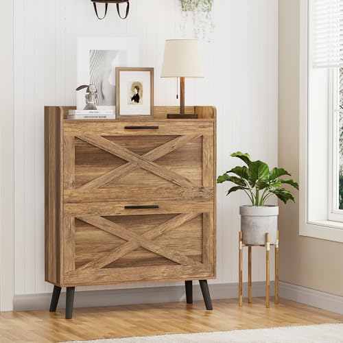 Homleke Farmhouse Shoe Storage Cabinet with Flip Drawers & Barn Door Design | Slim Narrow Shoe Rack Cabinet with Adjustable Shelves & Hidden Storage for Entryway, Hallway, Living Room, Rustic Walnut - color: Rustic Walnut