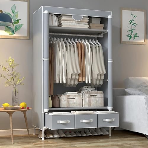 Portable Clothes Closet Rolling Door Wardrobe with Hanging Rack Non-Woven Fabric Storage Organizer with Three Drawer Boxes No-Tool Assembly - 35.4 x 17.7 x 67.0 ‘’ (Gray)