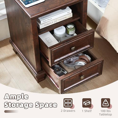 Farmhouse Nightstand with Charging Station, Walnut | End Tables Bedroom with 2 Drawers, Traditional Night Stand with Open Shelf & Thickened Top & Square Wooden Legs - color: Walnut, size: 18"D x 18"W x 25"H (2 Drawers)