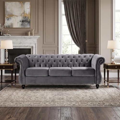 GDFStudio Modern Chesterfield Sofa, Comfy Upholstered Couch with Rolled Arms, Deep Seat 3 Seater Sofa for Living Room, Button Tufted Crushed Velvet Upholstery, High Density Foam Spring Support, Gray - color: Grey, size: 3 Seat