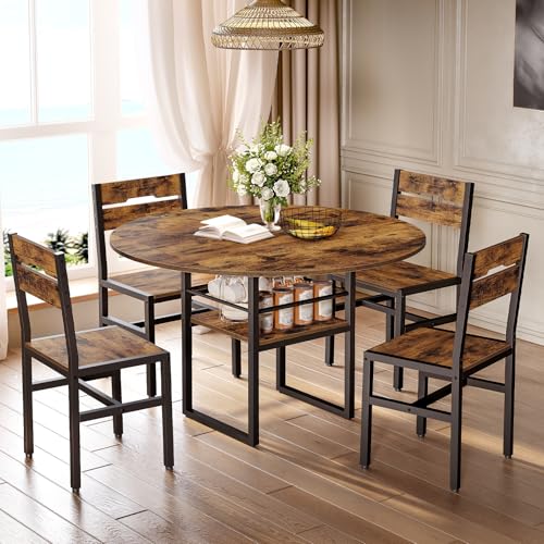 Round Dining Table Set for 4, 5-Piece Kitchen Table and Chairs with Storage Shelf, Circle Dinner Table Set with Wooden Tabletop & Metal Legs, for Kitchen & Dining Room, Rustic Brown and Black