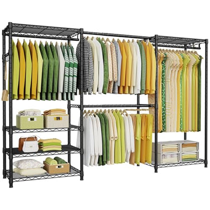E1 Heavy Duty Closet Garment Rack, Easy to Assemble Wardrobe, Black | 6 Tiers Adjustable Metal Freestanding Expandable Clothing Storage with 4 Hanger Rods - color: Black