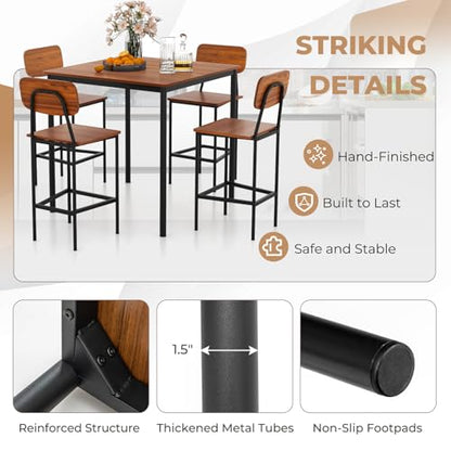 NAFORT Modern Counter Height Dining Table Set for 4, 5-Piece Pub Style Kitchen Table and Stools, Space-Saving Square Bar Table with 4 Backrest Chairs for Kitchen, Apartment & Dining Room - color: Walnut