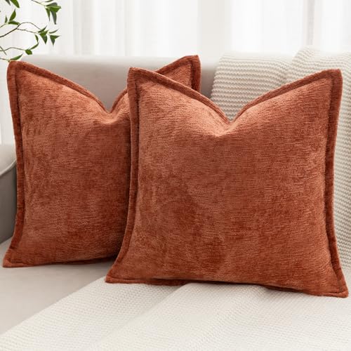 Decorative Throw Pillow Covers 18x18 Chenille Boho Pillowcase | Textured Square Pillow Cover Set of 2 Cozy Solid Accent Cushion Cases Soft couch Farmhouse Pillows cover for Bed,BurntOrange - color: Burnt Orange, size: 18" x 18" (Pack of 2)