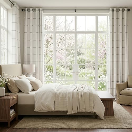 MYSKY HOME 100% Blackout Plaid Farmhouse Linen Curtains 84 Inch Long 2 Panels Set Double Layer Windowpane Checkered Drapes Thermal Insulated Black Out Living Room Drapes, 52" W Each Panel, Deep Grey - color: Deep Grey, size: 52"W x 84"L (Pack of 2)
