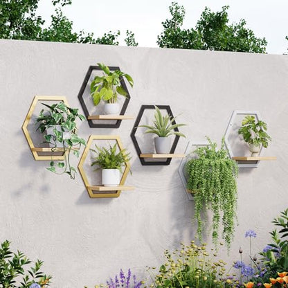3 Pack Solid Wood & Heavy Duty Metal Wall Plant Stands, 25 LB Load Boho Arch Hanging Planter,9 inch Natural Wood Shelf for Indoor Plants Golden - color: golden