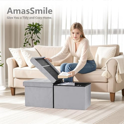 AmasSmile Footrest Ottoman Storage Bench,34" Velvet Folding Chest,Grey | Large Ottoman with Storage,Thicker Foam Padded Seat,Livingroom,Dorm,Bedroom,Entryway,Easy to install,34 x 13 x 13in - color: Grey-velvet