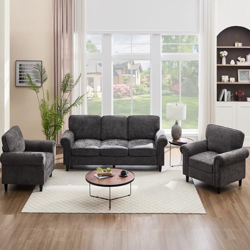 3 Seater Couch, Mid Century Modern Sofa Set with Rolled Arms and Deep Seats, Fluffy Comfort for Living Room, Apartment, Easy Assembly, Gray - color: Grey, size: Chenille Standard + 2 Chair