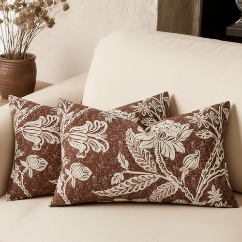 Chocolate Brown 12x20 Floral Decorative Sofa Couch Throw Pillow Covers | 100% Cotton,Set of 2 Panels,Lumbar Pillow,Rectangle,Print Patterned,Living Room Bedroom Office,Boho Modern Retro Farmhouse - color: Bf-chocolate Brown, size: 20" x 12" (Pack of 2)