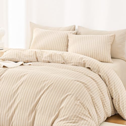 Wake In Cloud - Striped Cotton Duvet Cover Set, Ticking Stripe Vertical Pinstripe Farmhouse, 100% Washed Cotton Textured Bedding Set, 3 Pieces, Tan, Full Size - color: Tan, size: Full