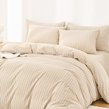 Wake In Cloud - Striped Cotton Duvet Cover Set, Ticking Stripe Vertical Pinstripe Farmhouse, 100% Washed Cotton Textured Bedding Set, 3 Pieces, Tan, Full Size - color: Tan, size: Full