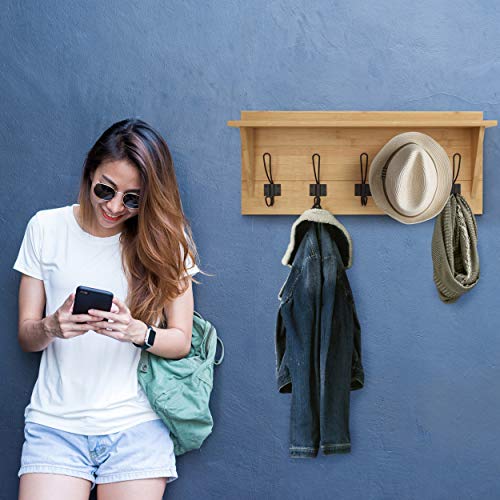 HBCY Creations Rustic Wall Mounted Coat Rack with Shelf - Solid Wood 24" Entryway Shelf with 5 Coat Hangers. Perfect Touch for Your Entryway, Mudroom, Kitchen, Bathroom and More, Bamboo - color: 4- Bamboo