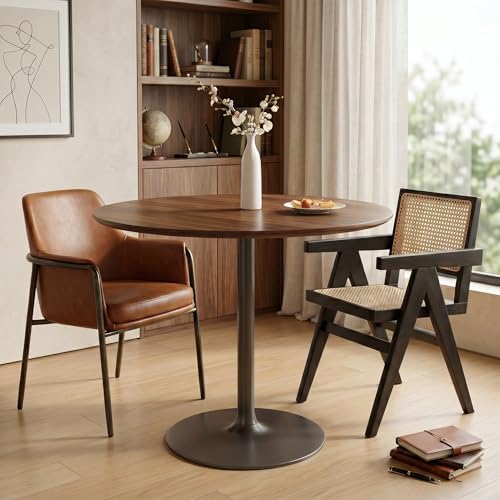 31.5" Walnut Round Dining Table Modern Tulip Table for Small Space | Black Pedestal Metal Base, Mid Century Style for Apartment, Living Room, Coffee Shop, Breakfast Nook & Small Kitchen Table - color: Walnut & Black, size: 31.5 Inch